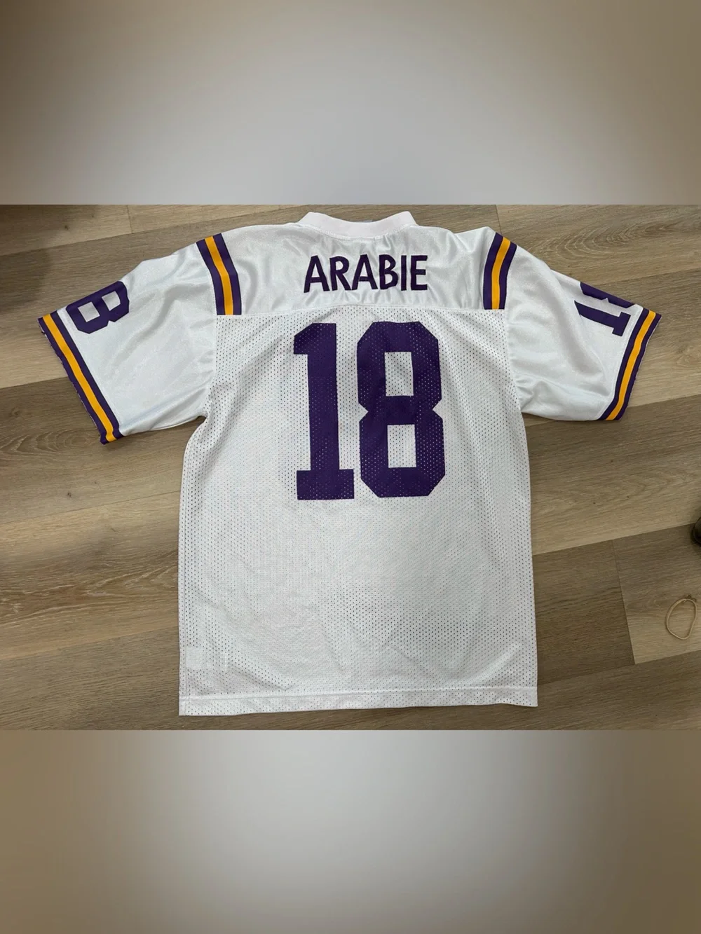 Boys White Football Jersey with Purple & Gold Accents - #18 Ararabie LSU